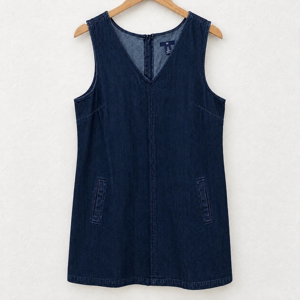 GAP Denim V Neck Sleeveless Shift Mini Dress Dark Wash Pockets Womens 16